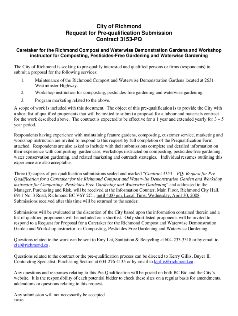 Fillable Online City of Richmond Request for Prequalification Submission Fax Email Print