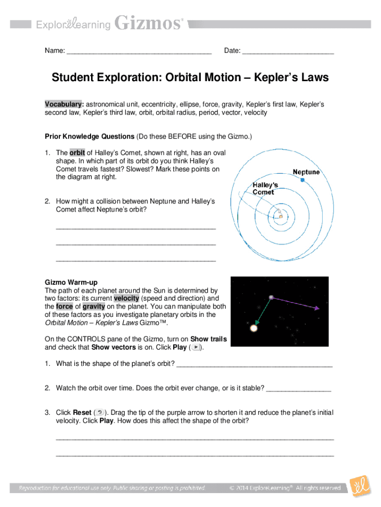 Fillable Online Keplers Laws Gismo Orbital Motion worksheet Fax Email Print pdfFiller