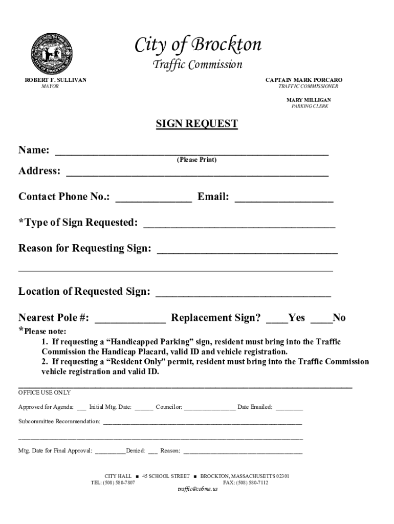 Fillable Online brockton ma Traffic Sign Request for Traffic Commission