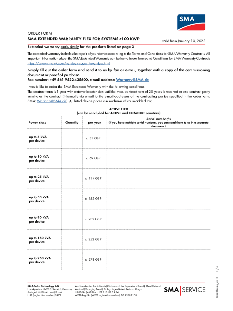 Fillable Online order form sma extended warranty flex for systems 100 kwp Fax Email Print