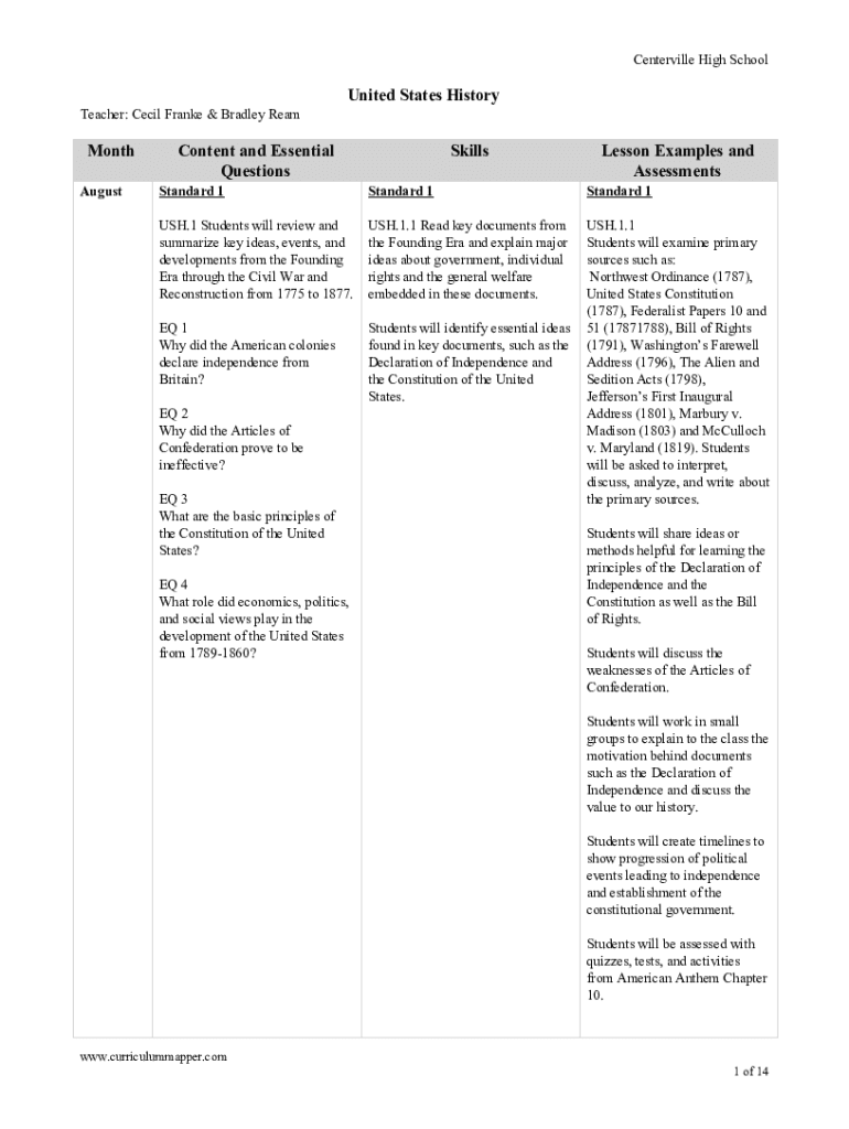 Fillable Online chs centerville k12 in United States History