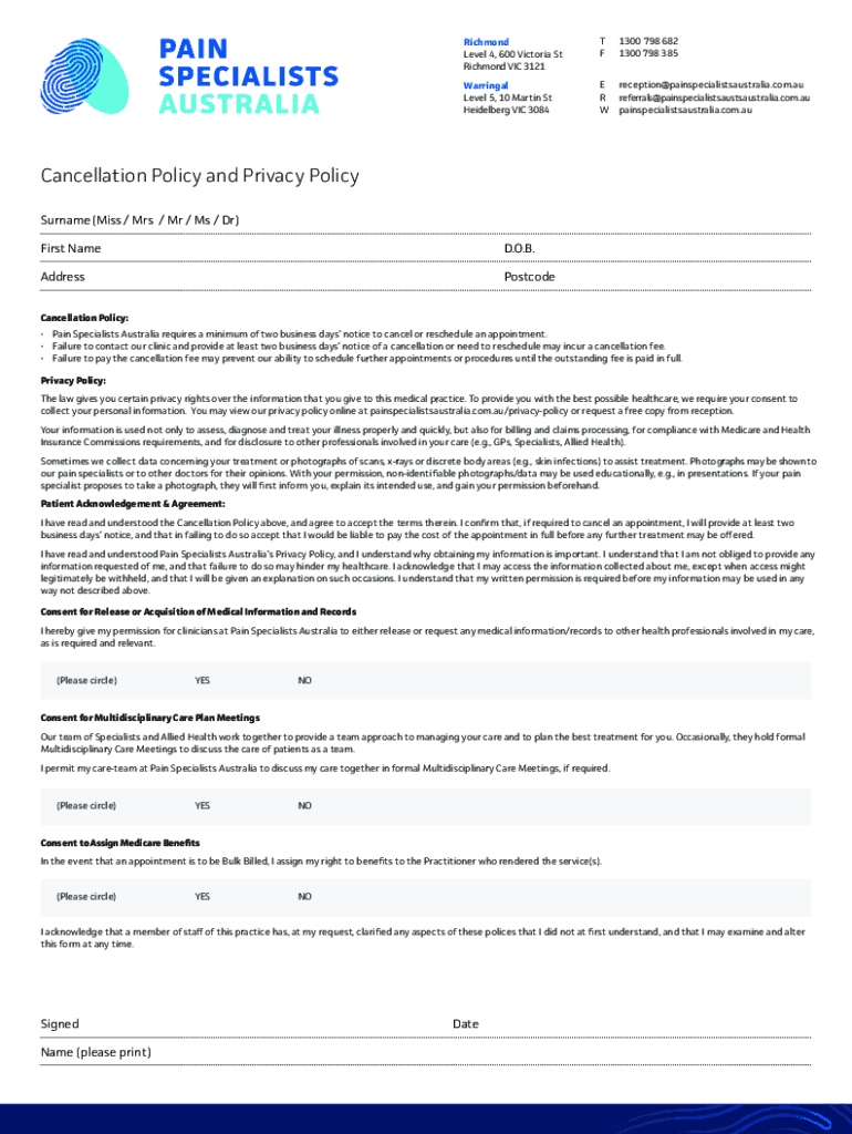 Fillable Online Pain Management Victorian Day Procedure Centre Fax