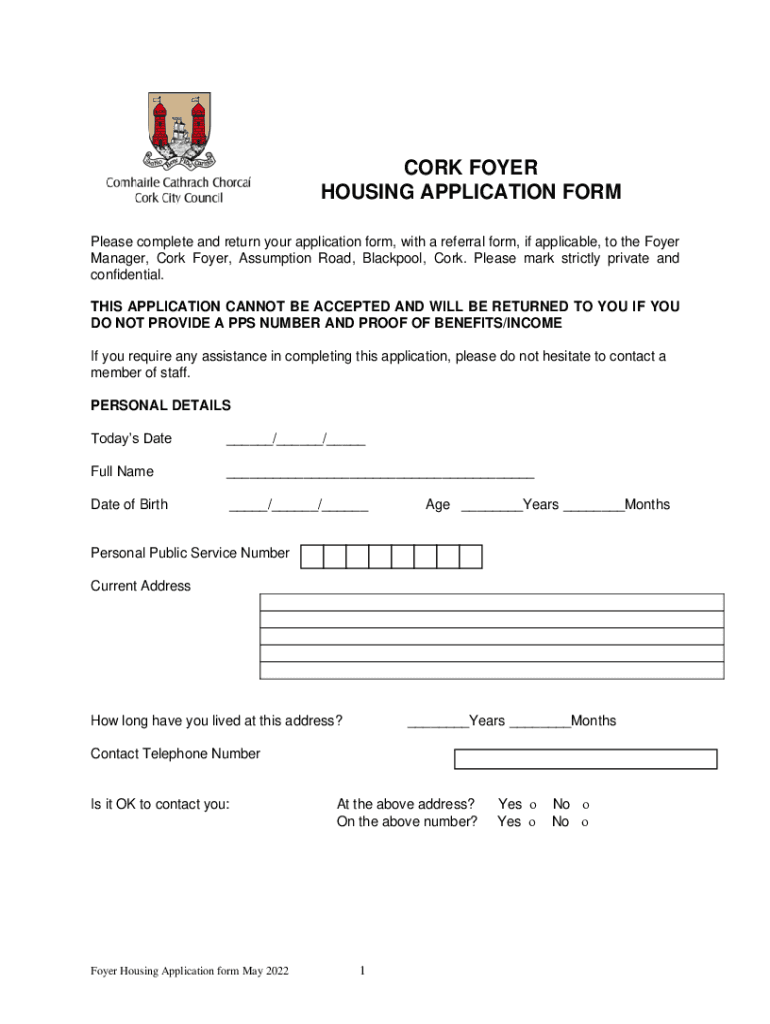 Fillable Online Cork Foyer Housing Application Form Fax Email Print