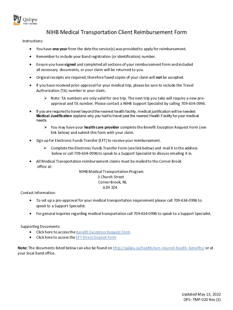 Fillable Online NIHB Client Reimbursement Form Version Date Fax Email