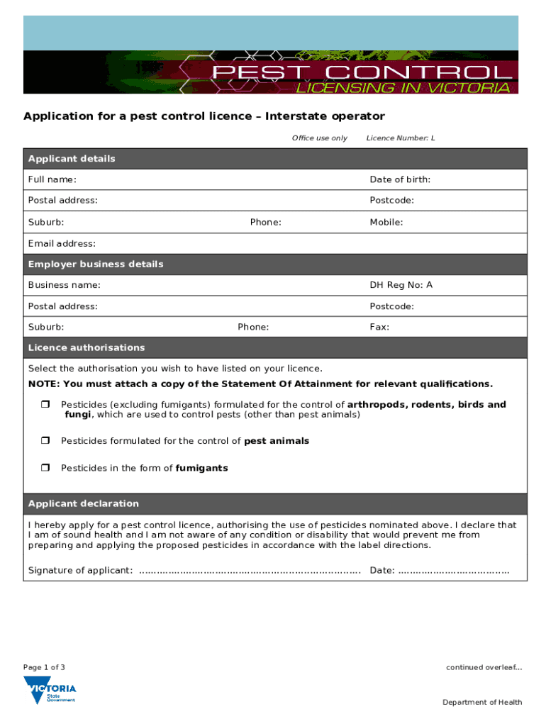 Pest management licence application Queensland Health Doc Template