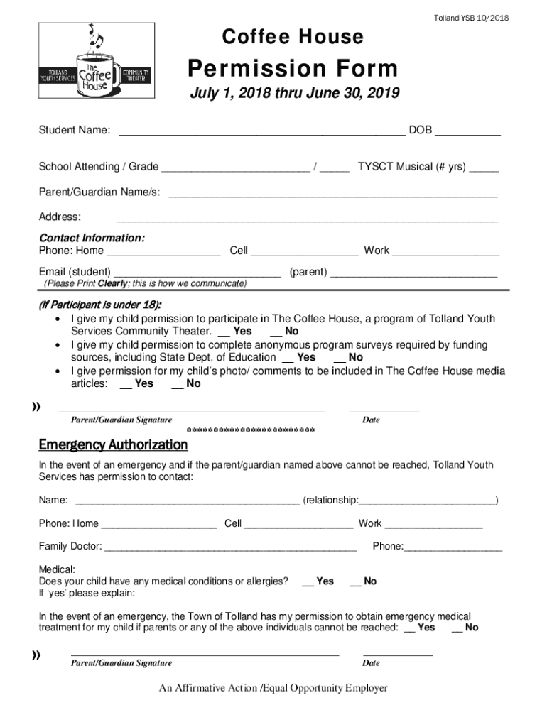 Fillable Online Coffee House Permission Form Town of Tolland CT Fax