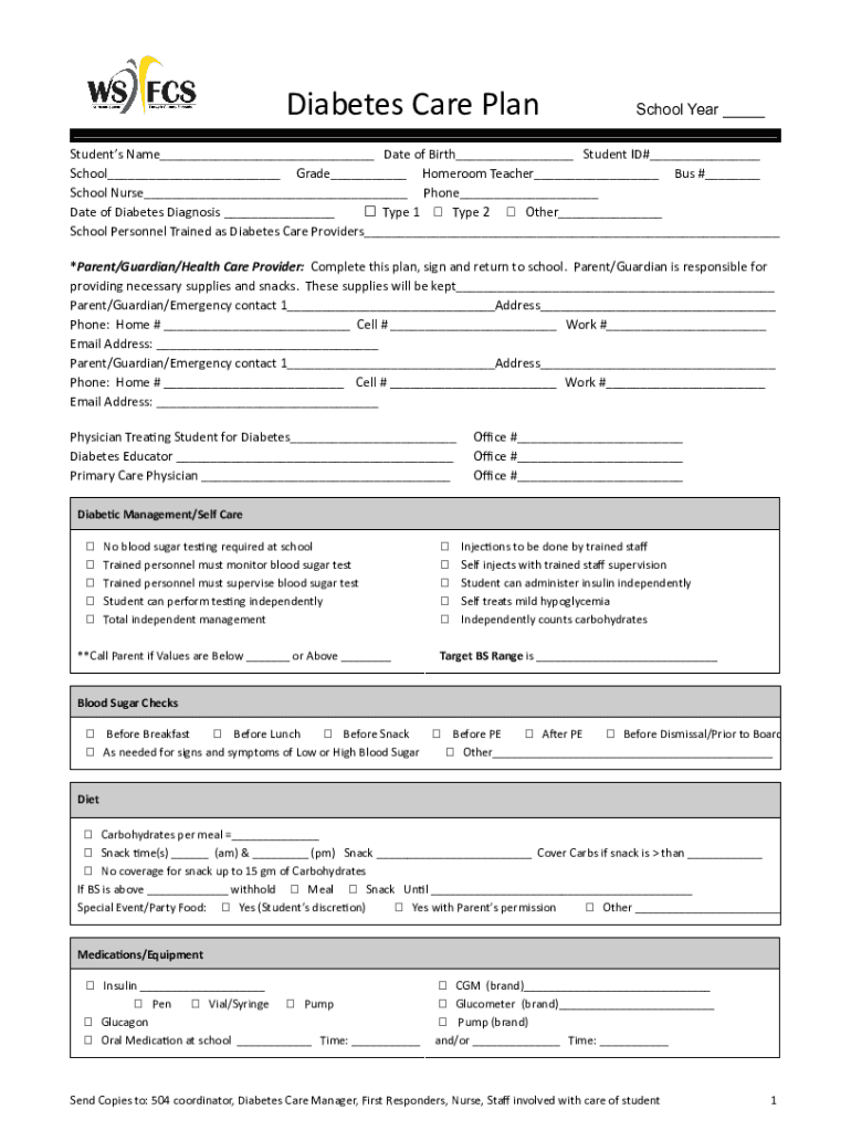 Fillable Online DIABETES MEDICAL MANAGEMENT PLAN School Year NET Fax