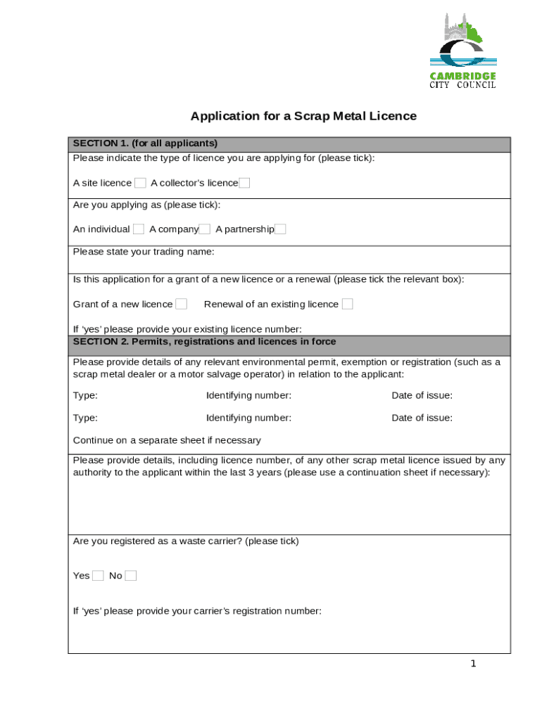 Scrap metal dealer's licence application Cambridge City Council Doc Template pdfFiller