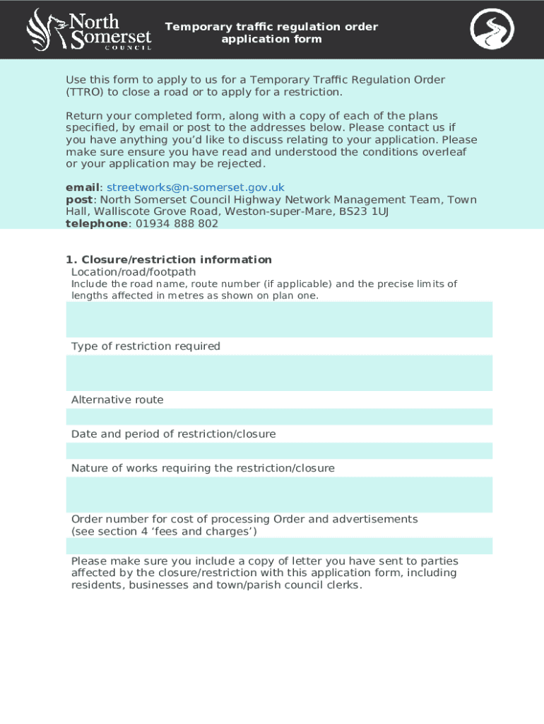 Temporary Traffic Regulation Order application Doc Template pdfFiller