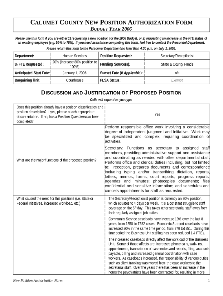 CALUMET COUNTY NEW POSITION AUTHORIZATION Doc Template pdfFiller