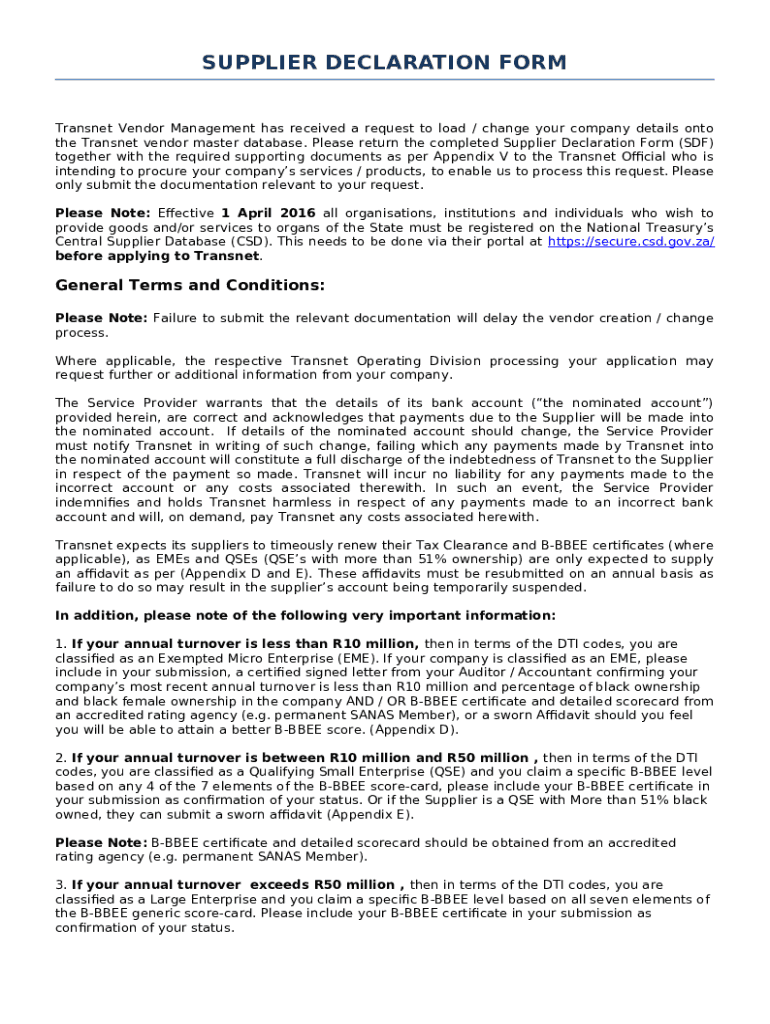 SUPPLIER DECLARATION Doc Template pdfFiller