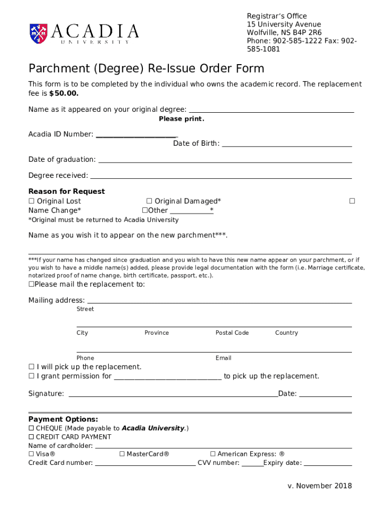 Degree Parchment ReIssue Order University of Guelph registrar