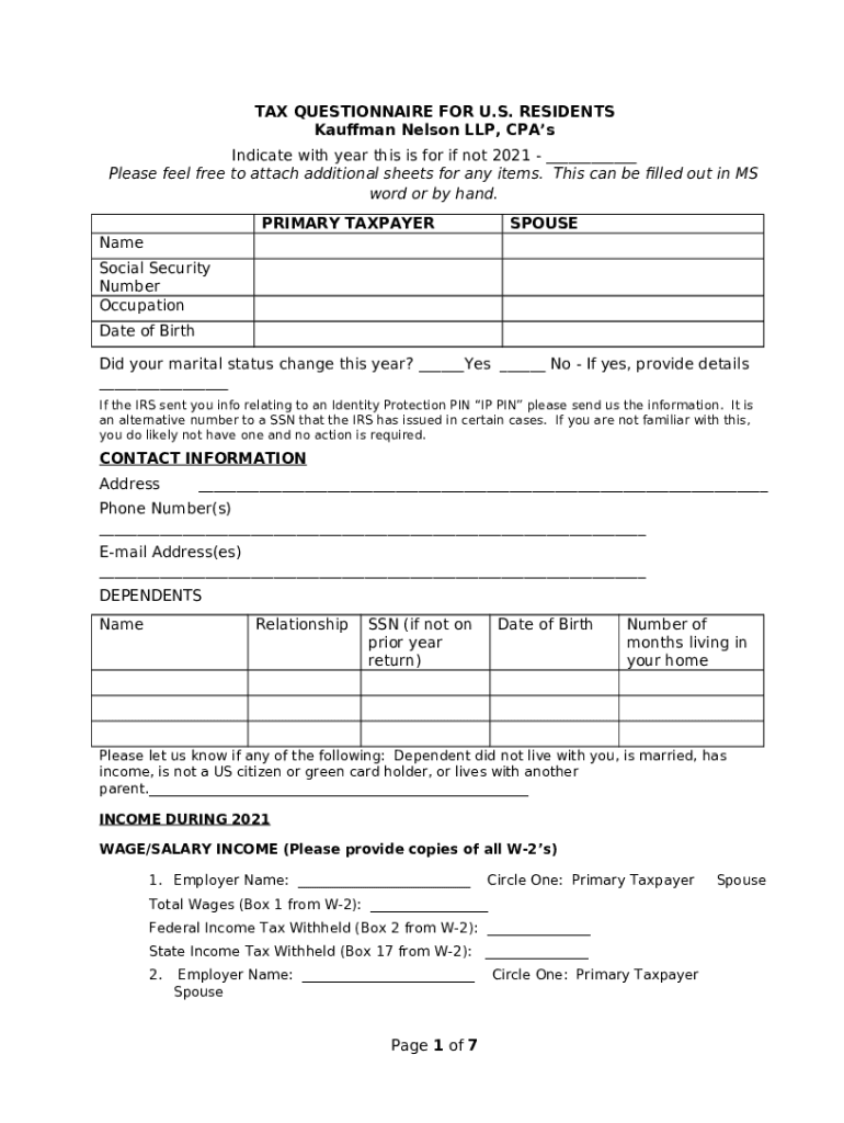 EXPATRIATE TAX QUESTIONNAIRE FOR U.S. CITIZENS Doc Template pdfFiller