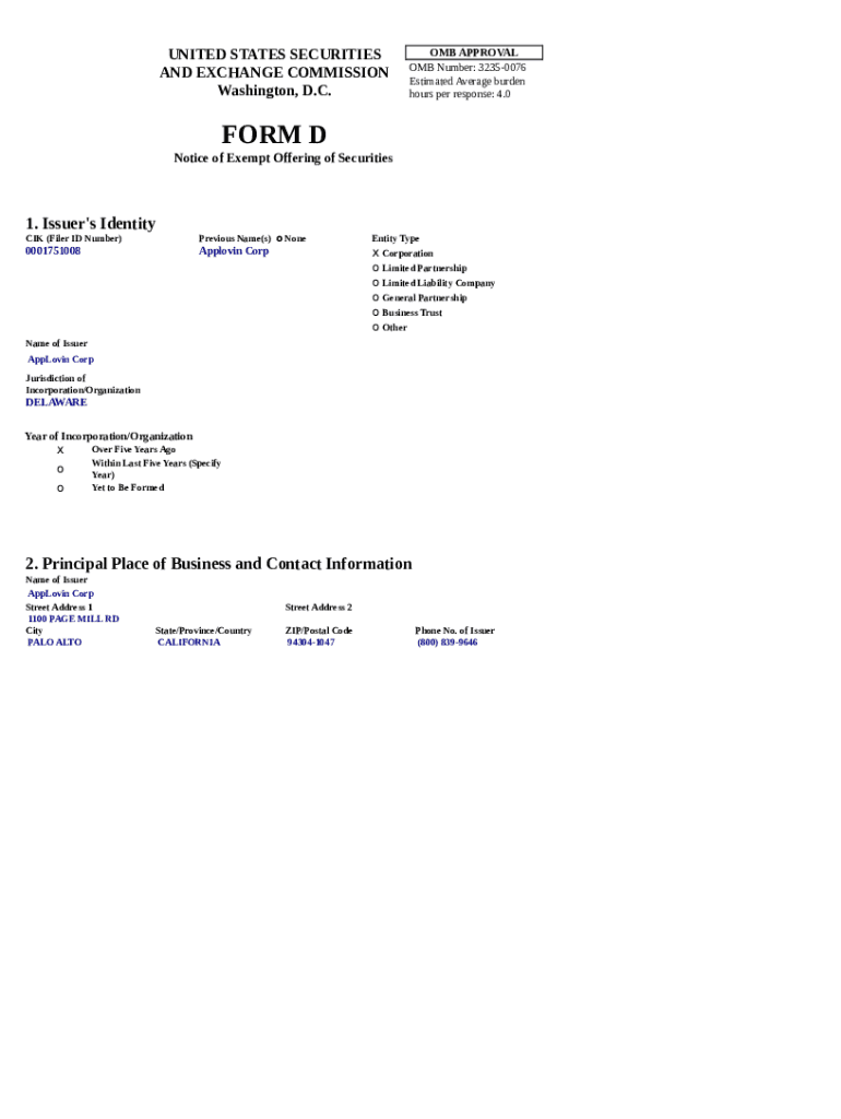 D Notice of Exempt Offering of Securities PDF Free Download Doc