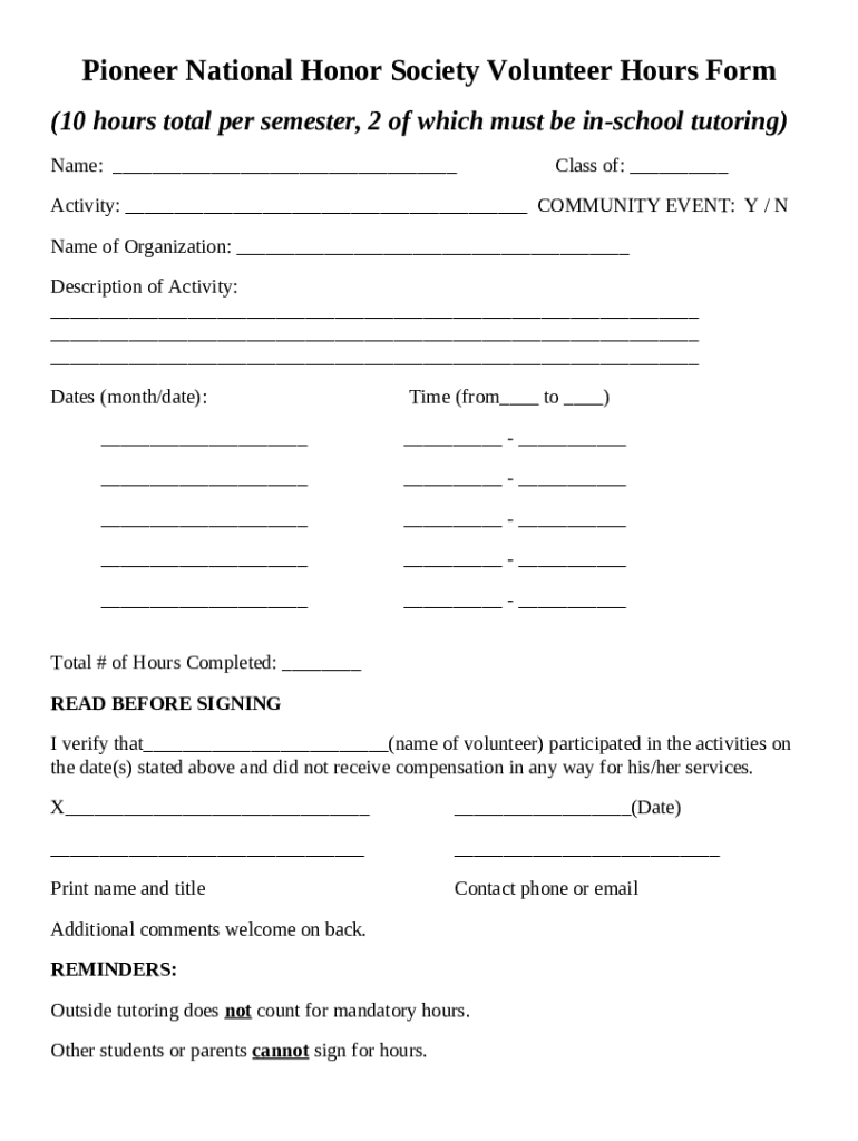 Volunteering/s Pioneer National Honor Society Doc Template pdfFiller