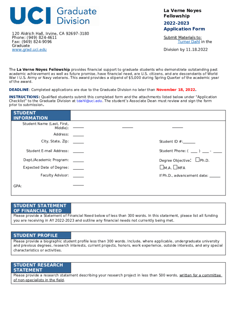 La Verne Noyes Fellowship Application Doc Template pdfFiller
