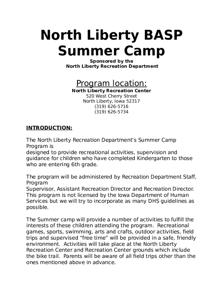 BASP/Camps North Liberty Recreation Department RecDesk Doc Template
