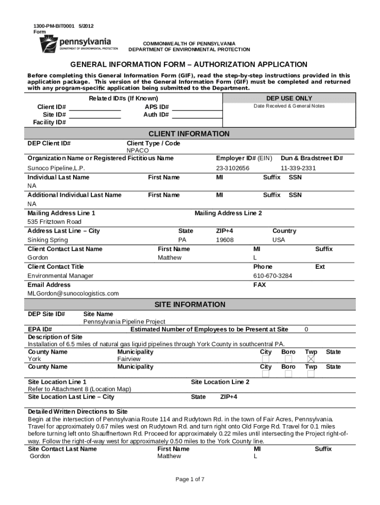 general ination authorization application files dep state pa Doc