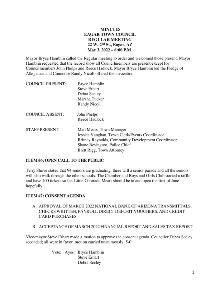 Fillable Online 600 P.M. Mayor Bryce Hamblin called the Re Town of