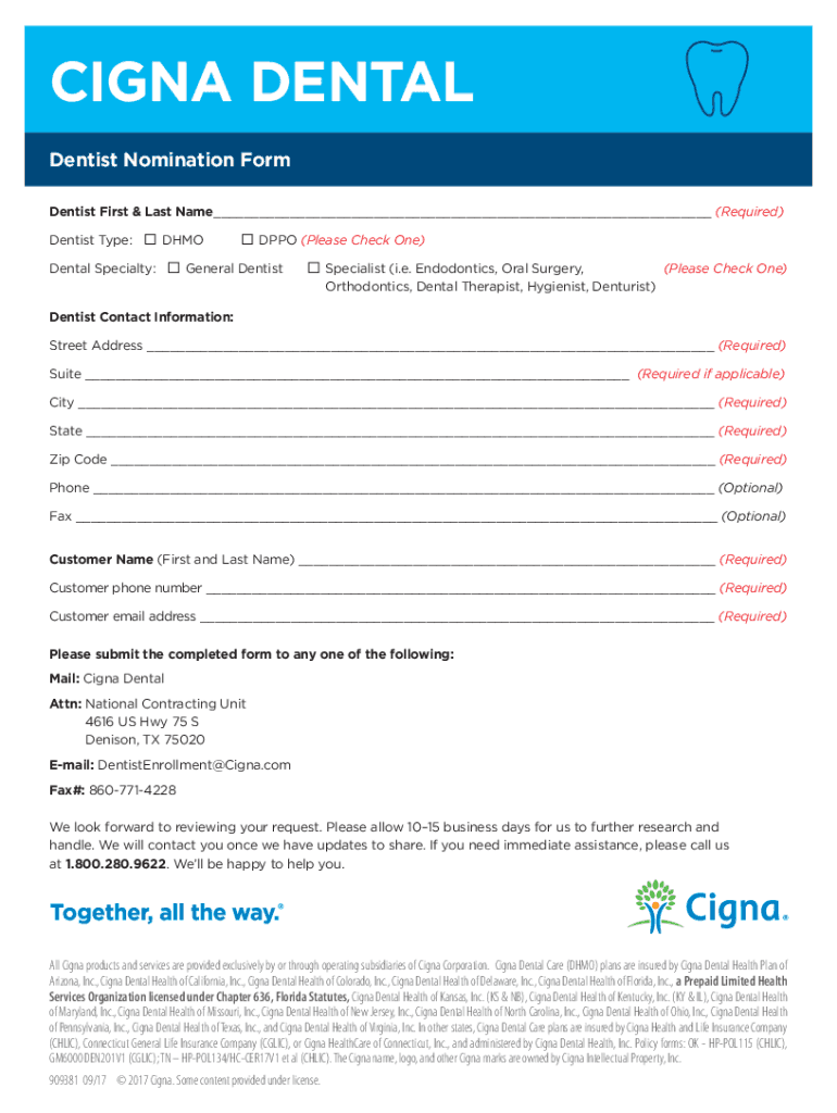 Fillable Online Cigna Dental PPO Network Provider Nomination Form Fax