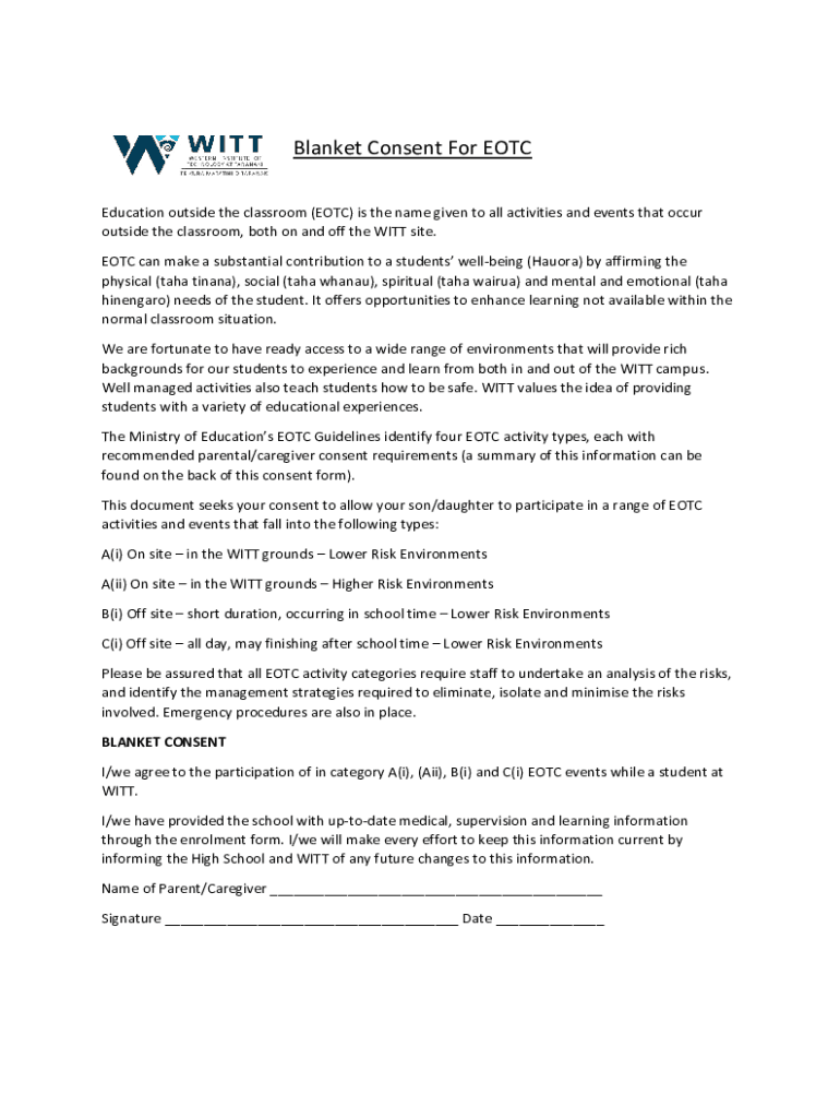 Fillable Online BLANKET EOTC CONSENT FORM Hilltop School Fax Email