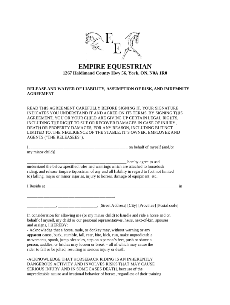 of 2 EQUINE ASSUMPTION OF RISK, WAIVER OF LIABILITY Doc Template