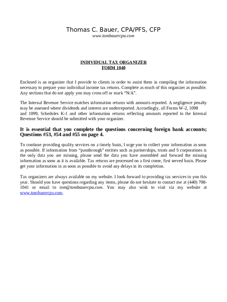 INDIVIDUAL TAX ORGANIZER 1040 Doc Template pdfFiller