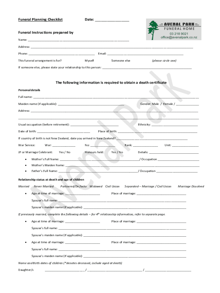 Fillable Online A Personal Funeral Planning Guide and Worksheet for Fax