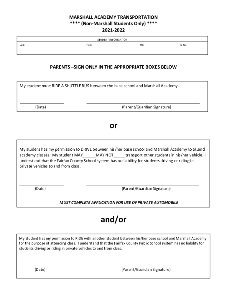 Fillable Online MARSHALL ACADEMY TRANSPORTATION AGREEMENT Fax Email