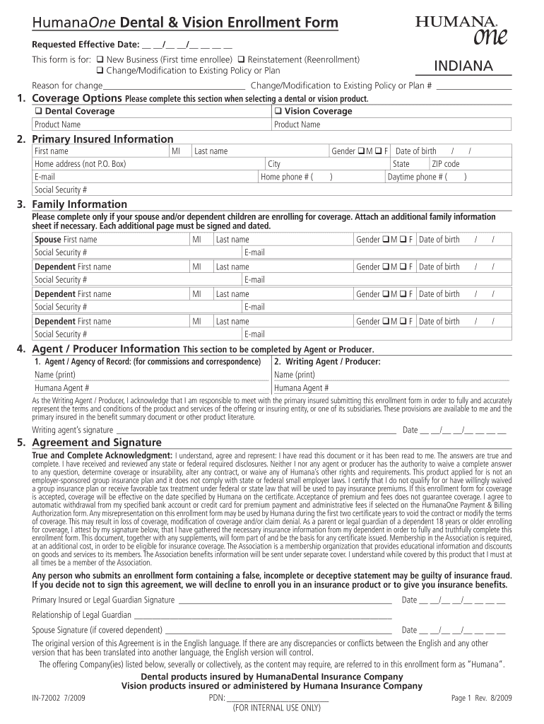 Fillable Online HumanaOne Dental & Vision Enrollment Form INDIANA Fax Email Print pdfFiller