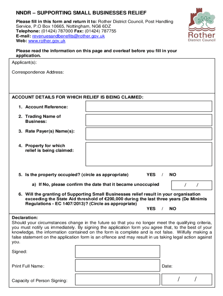Fillable Online NDR Application for Small Business Relief (1.0