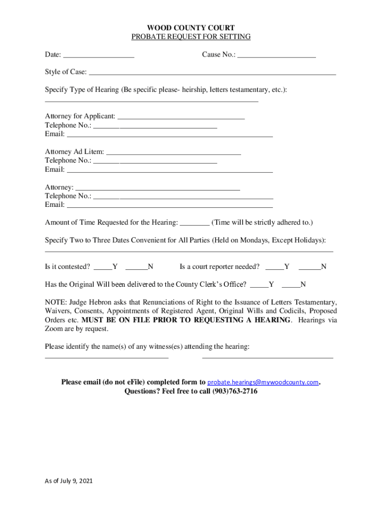 Fillable Online Wood County Probate Request for Setting Fax Email