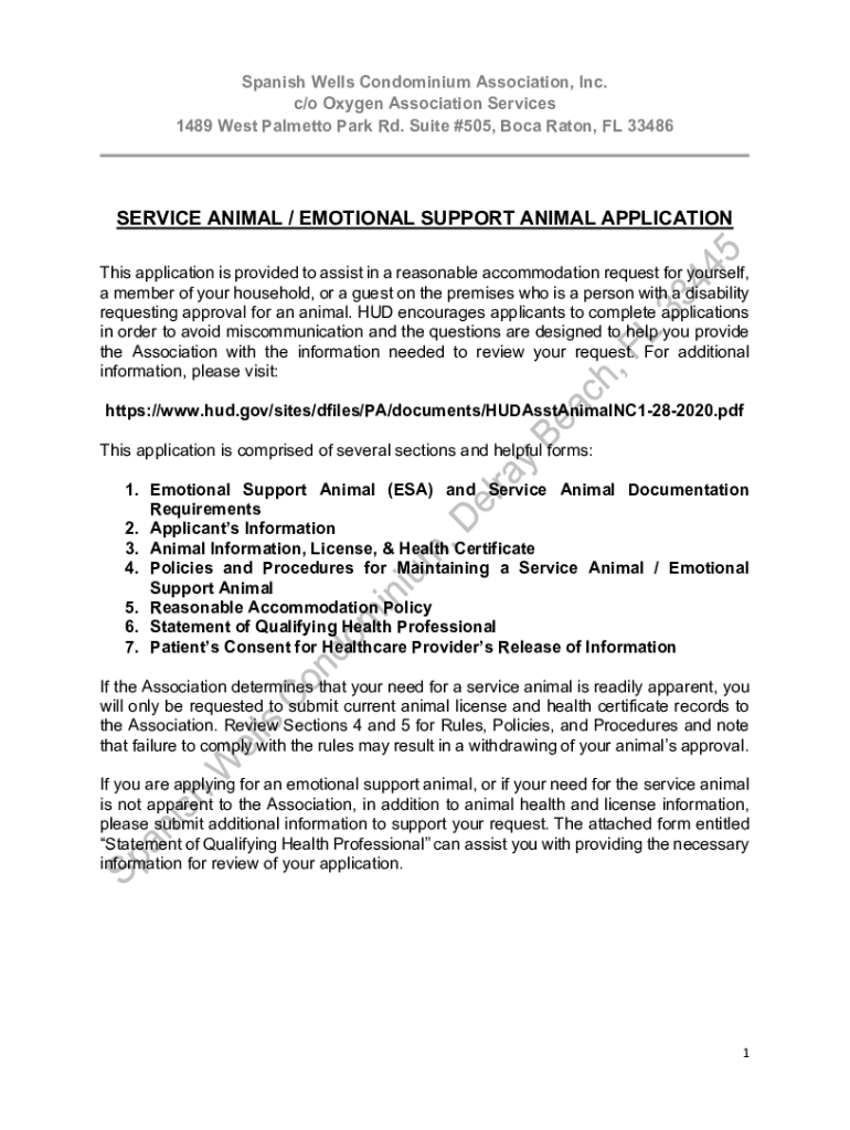 Fillable Online Spanish Wells CondoESA or Service Animal Application