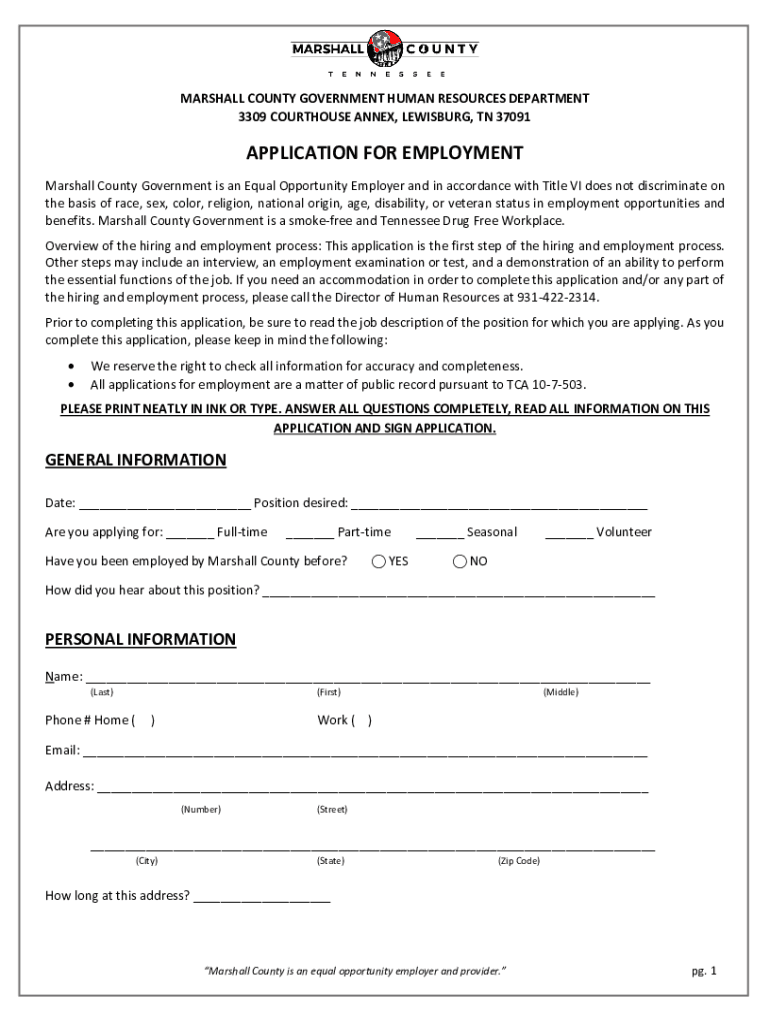 Fillable Online APPLICATION FOR EMPLOYMENT Marshall County Fax Email