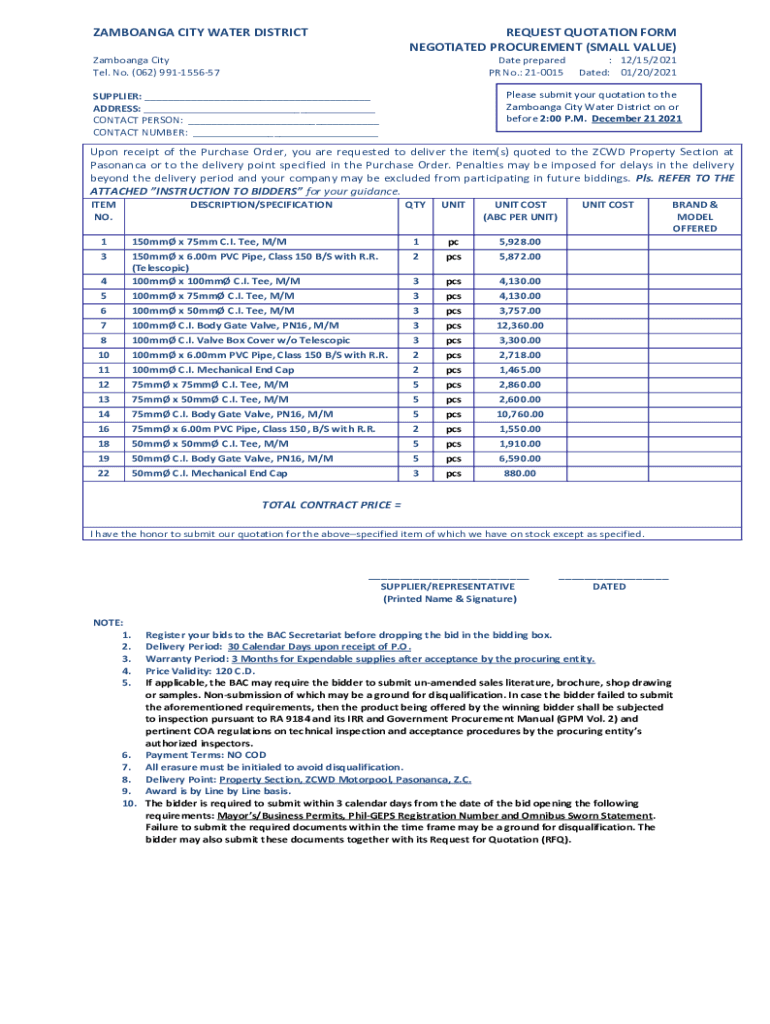 Fillable Online zcwd gov 2100153rdRebid.pdf Zamboanga City Water