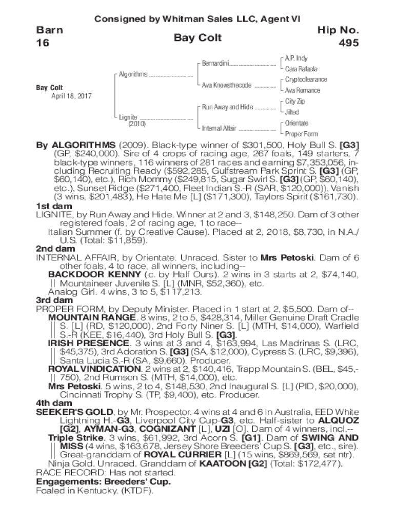 Fillable Online BAY COLT Barn 4 Hip No. 1501 McMahon & Hill