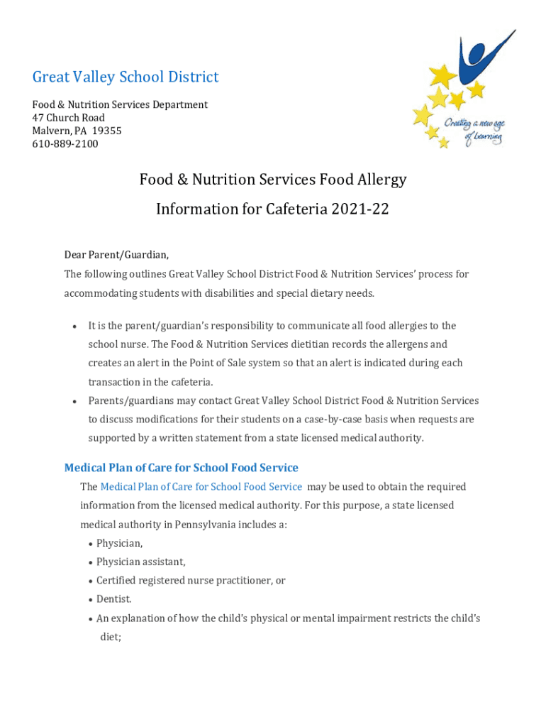 Fillable Online Food in Schools / Home Great Valley School District