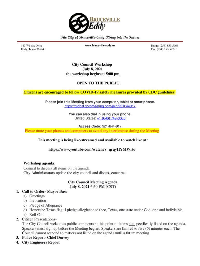 Fillable Online Mayor and City Council City of BrucevilleEddy Fax