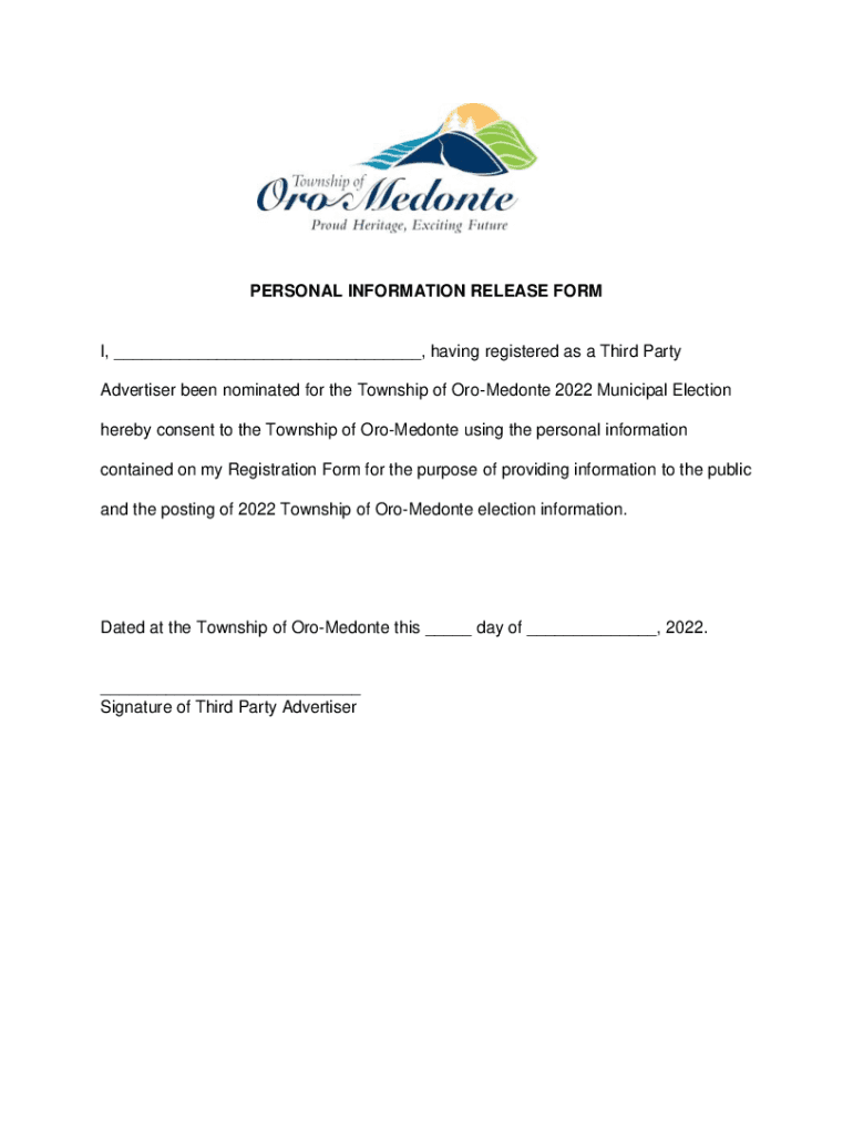 Fillable Online PERSONAL INFORMATION RELEASE FORM Oro Medonte Fax