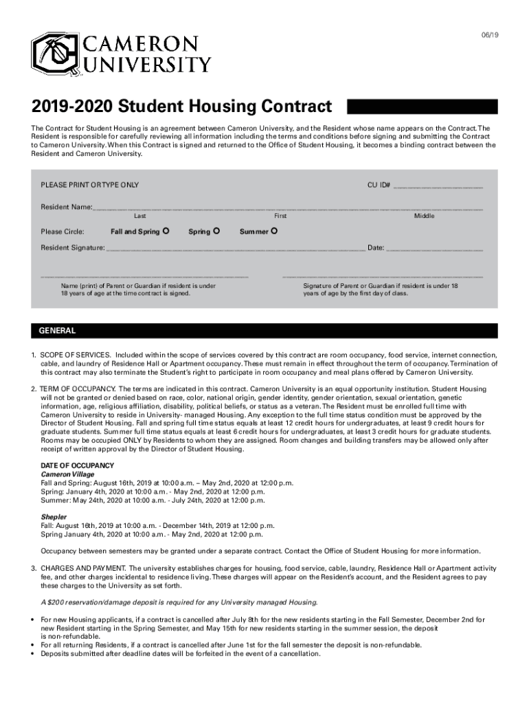 Fillable Online Cameron University Housing Contract 1920. Housing