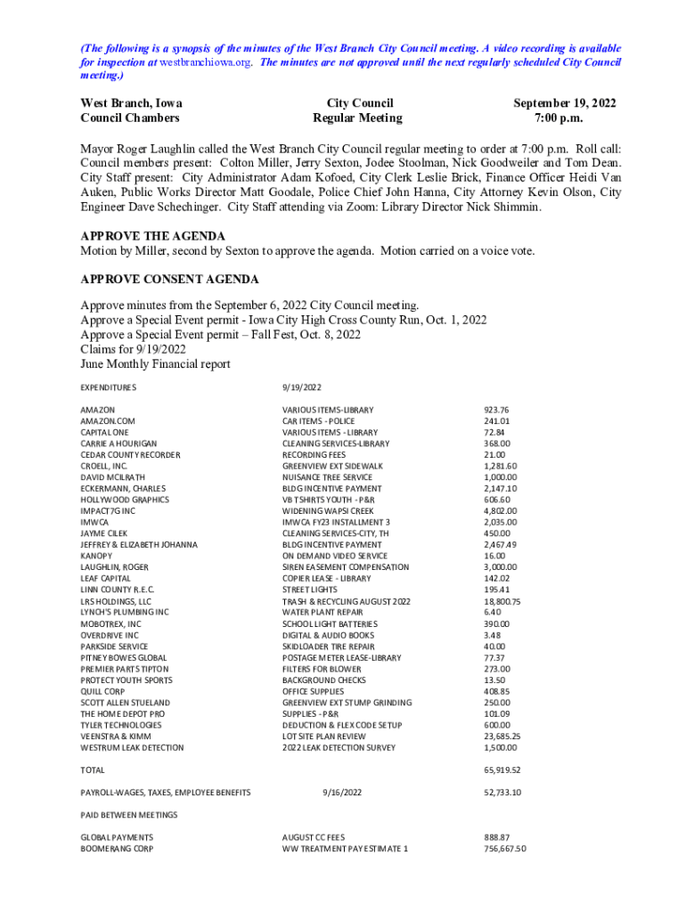 Fillable Online West Branch, Iowa City Council November 7, 2022 Council