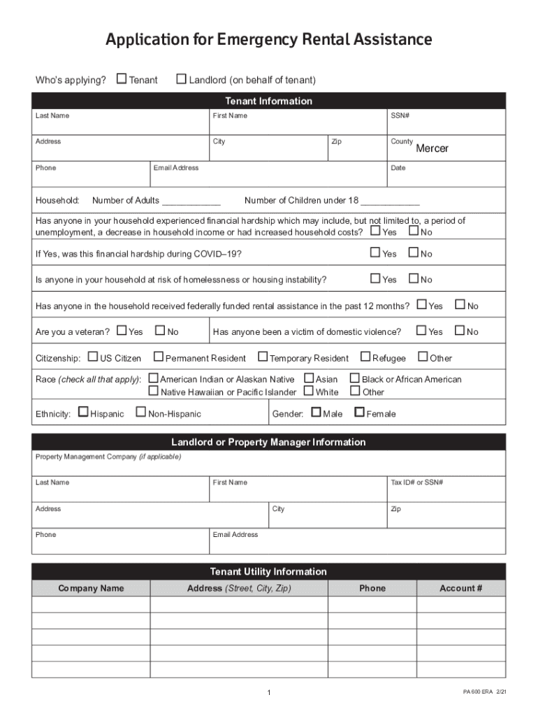 Fillable Online Application for Emergency Rental Assistance Mercer