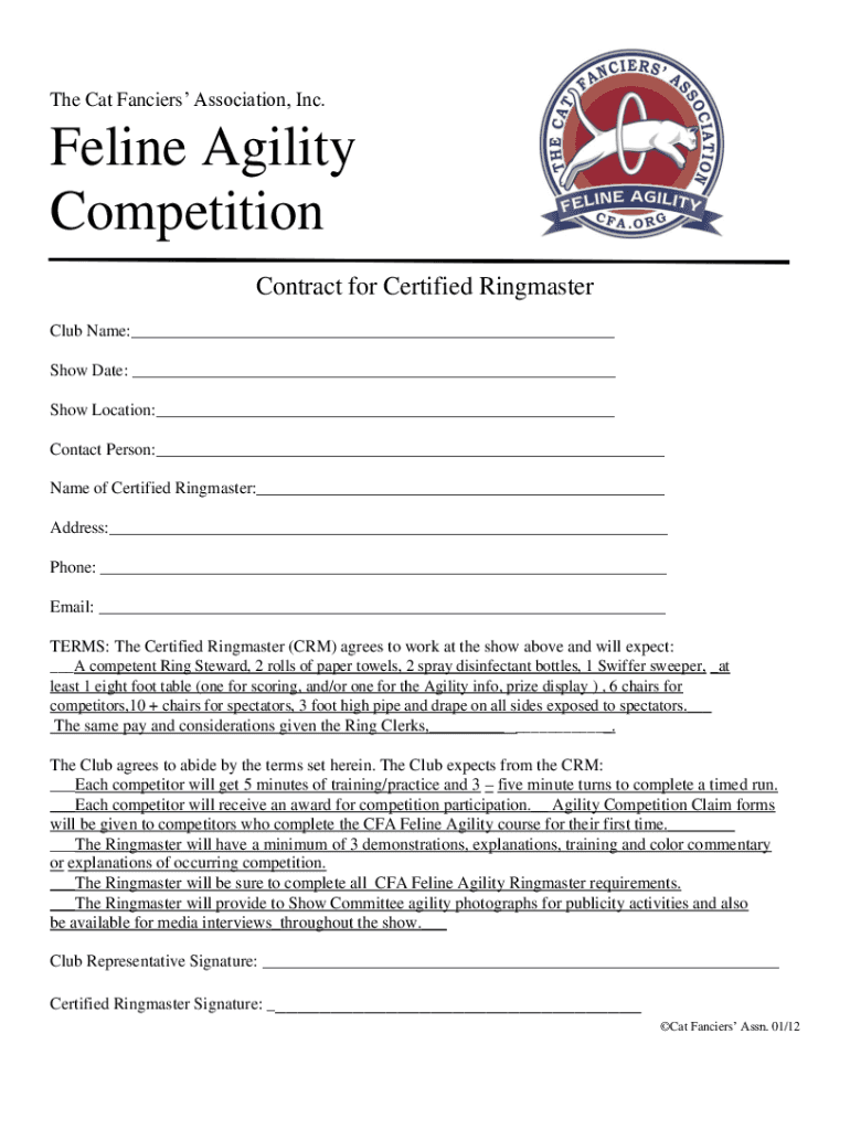 Fillable Online Cat Fanciers' Association Feline Agility Show Support