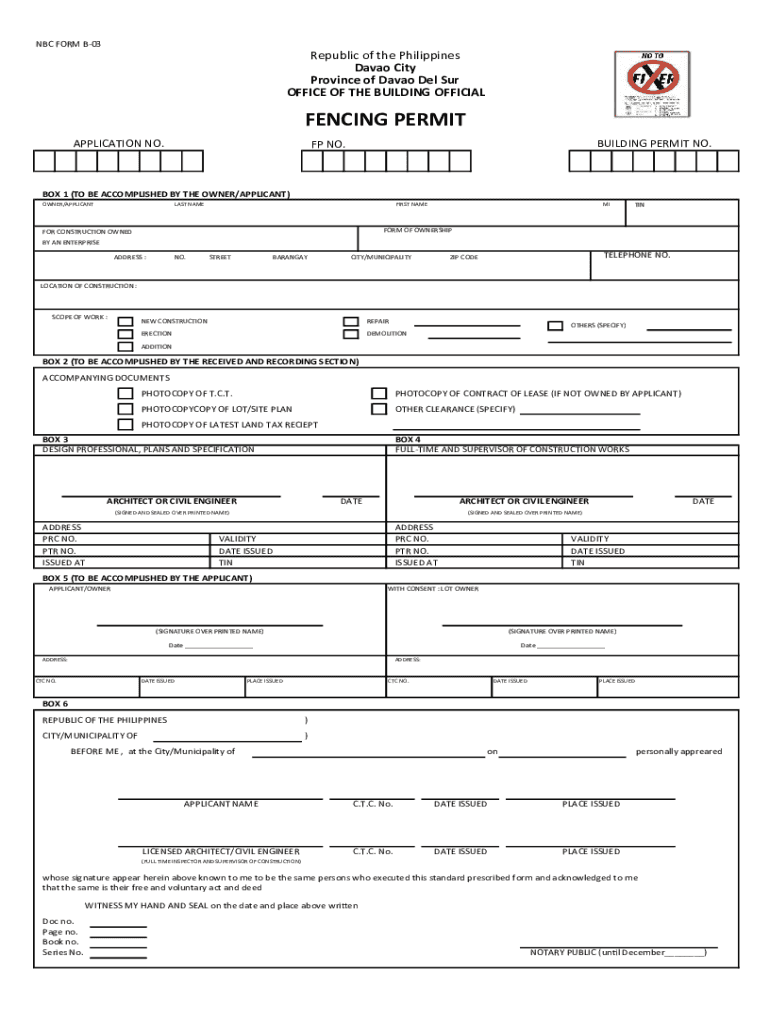 Fillable Online Davao City Fence Permit NBC Form B03 (Front&Back