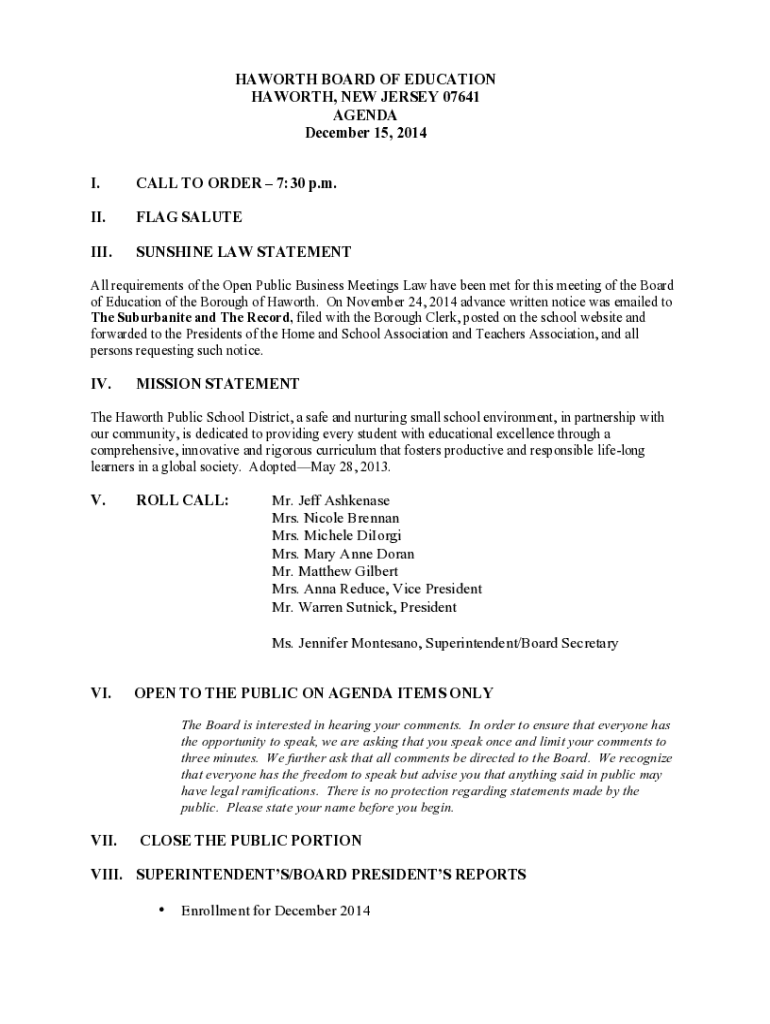 Fillable Online 42815 AgendaFINAL.pdf Haworth Public School Fax