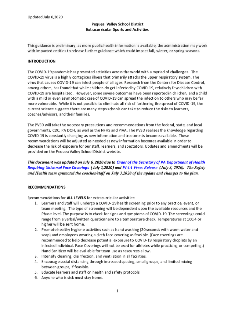 Fillable Online Updated July 6,2020 1 Pequea Valley School District