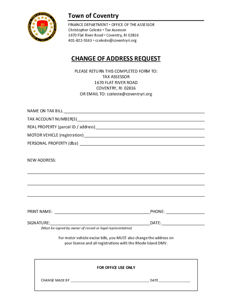 Fillable Online change of address request Coventry Fax Email Print