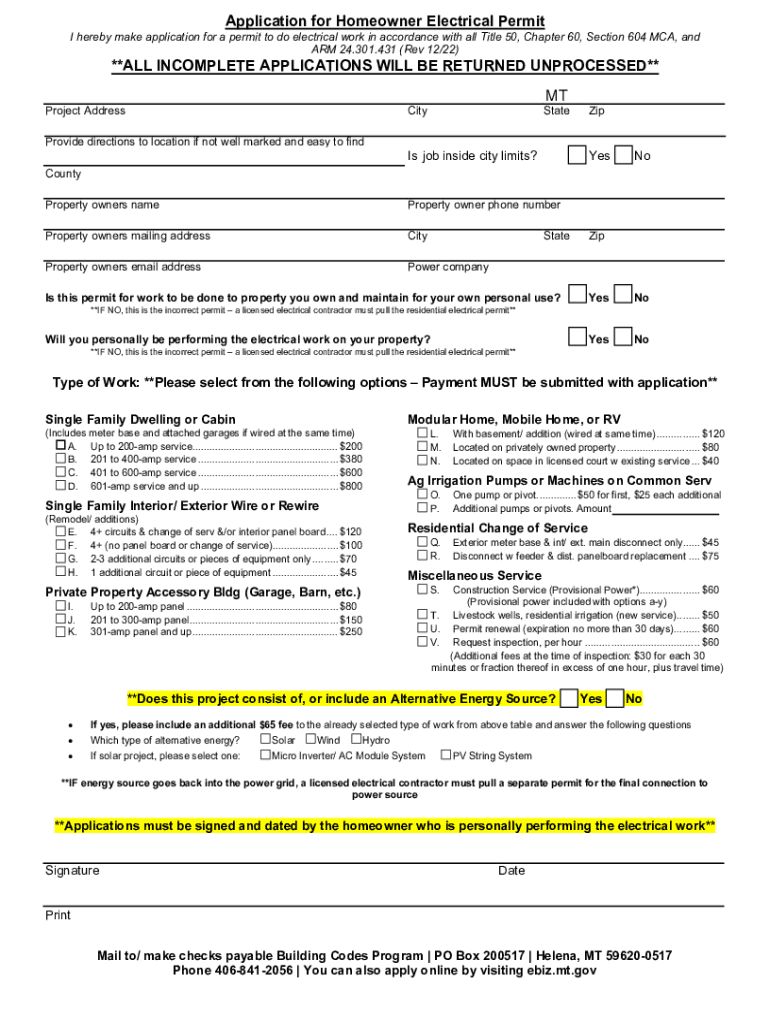 Fillable Online bsd dli mt Application for Homeowner Electrical Permit