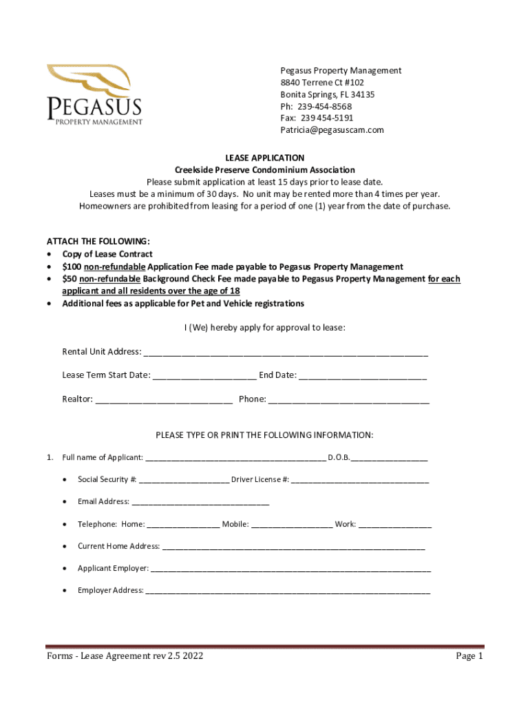 Fillable Online Forms Lease Agreement rev 2.5 2022 Page 1 Pegasus Property Fax Email Print