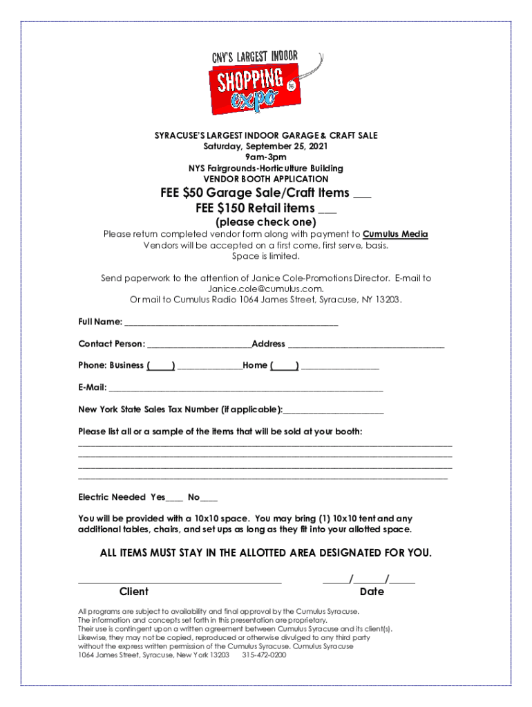 Fillable Online CNY's Largest Indoor Garage and Craft Sale Spring Edition Fax Email Print